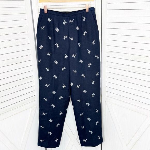 Talbots Irish Linen Paris Embroidered Trouser Pants Blue 6 Eiffel Tower - Picture 1 of 14